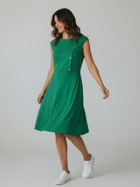 NY & C Sleeveless Green A-Line 100% Cotton Dress with Button Detail & Pockets